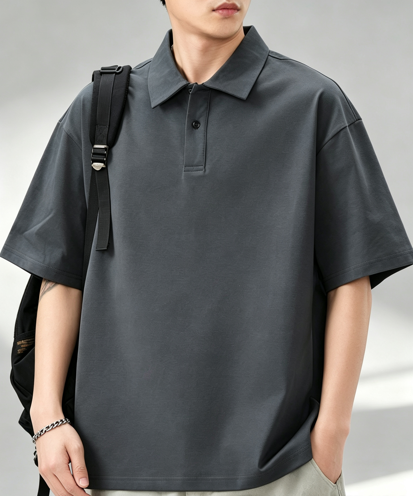 Men Loose Drop Shoulder Solid Polo Short Sleeve