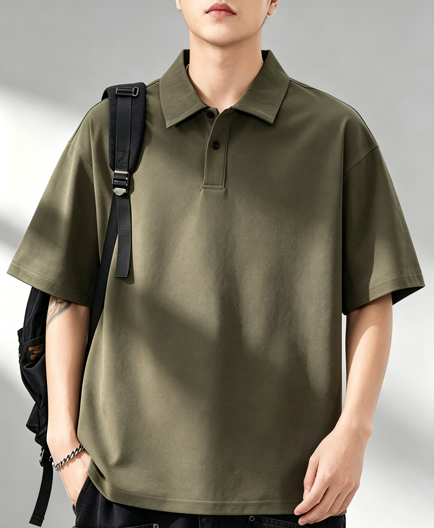 Men Loose Drop Shoulder Solid Polo Short Sleeve