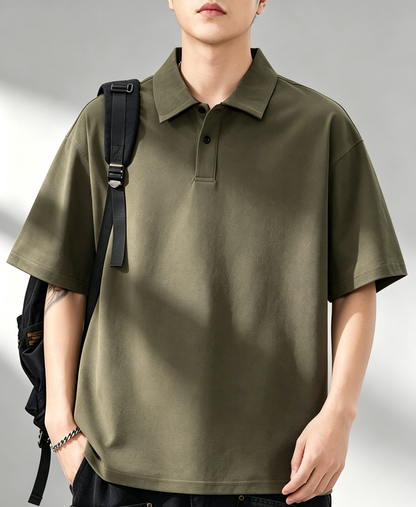 Men Loose Drop Shoulder Solid Polo Short Sleeve